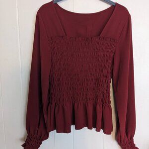 Dark Red Long-sleeved Peplum Blouse